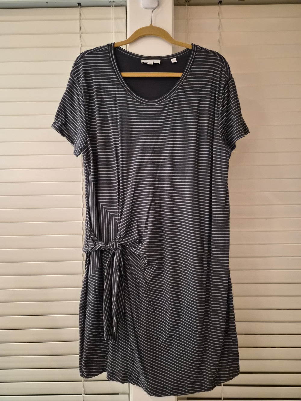 Vince Navy and White Side Tie Striped Scoop Neck Tee Dress